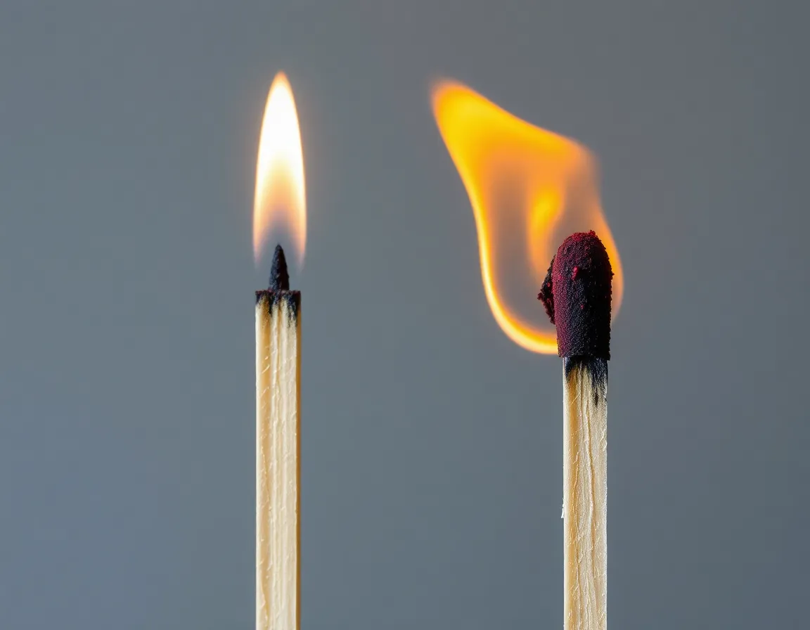 A burnt-out match next to a new one, symbolizing recovery from burnout