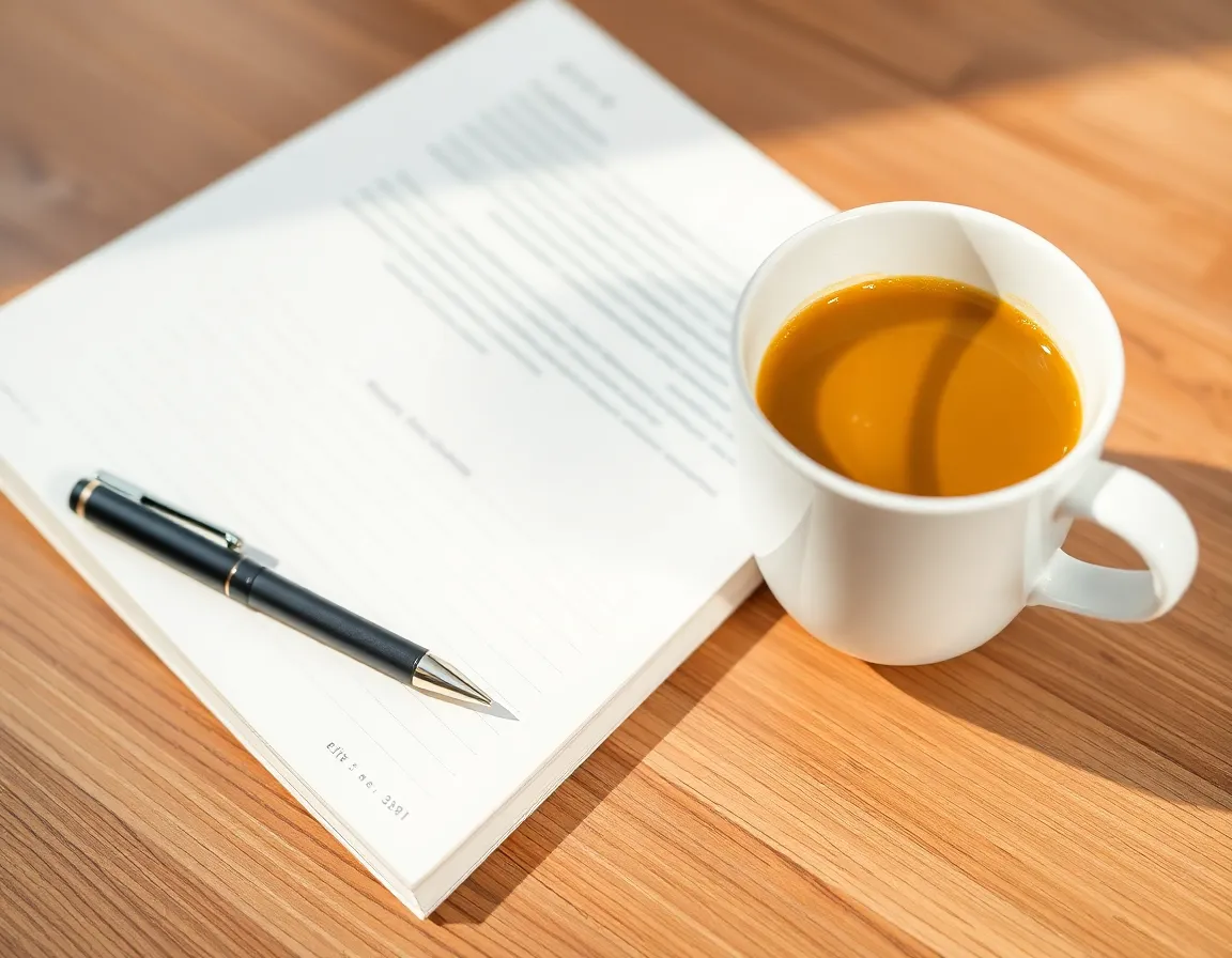 Journal with a pen and a cup of coffee