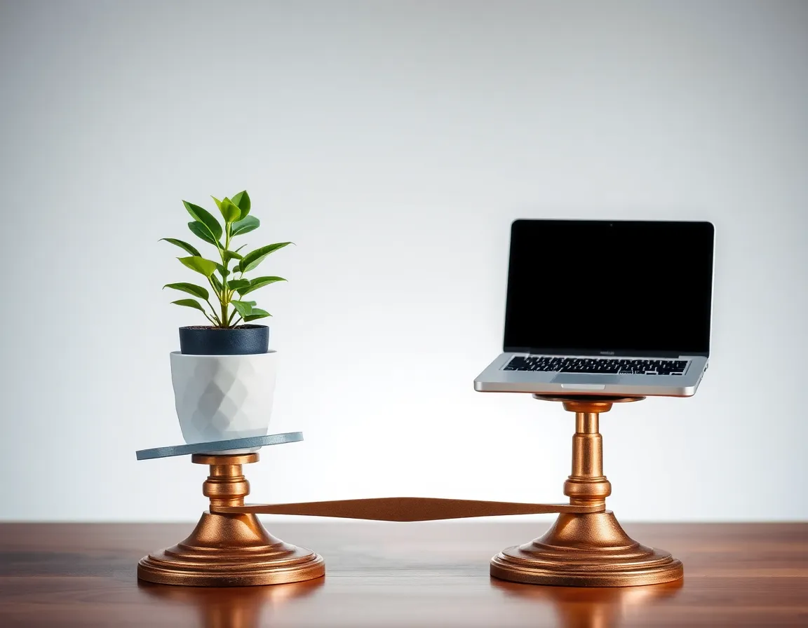 Scales balancing work (laptop) and life (plant), symbolizing work-life balance